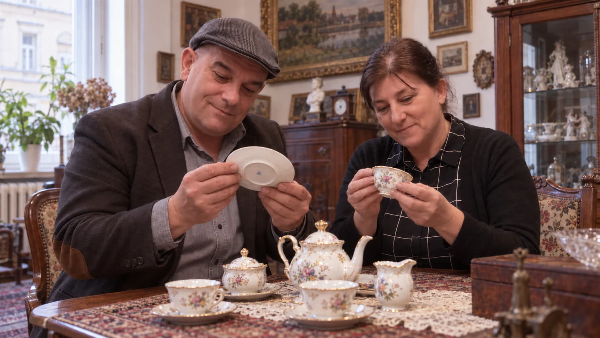 Varga István és Erika egy porcelán teáskészletet vizsgálnak