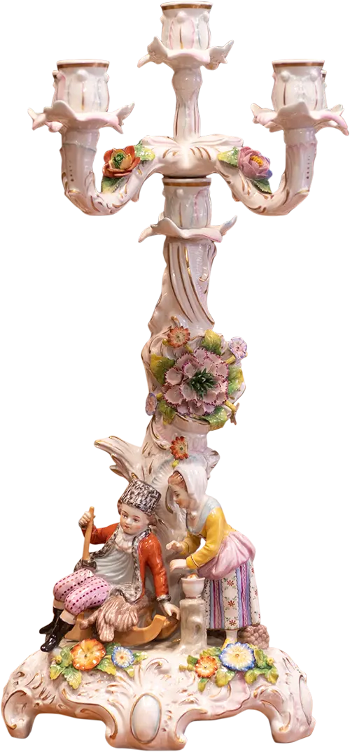 Antik Porcelán Gyerekekkel Díszített Gyertyatartó